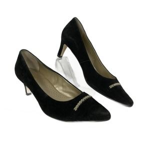 Van-Dal Whitwoth X Pumps Womens Sz 8‎ EEE Black Suede Gold Chain Heels